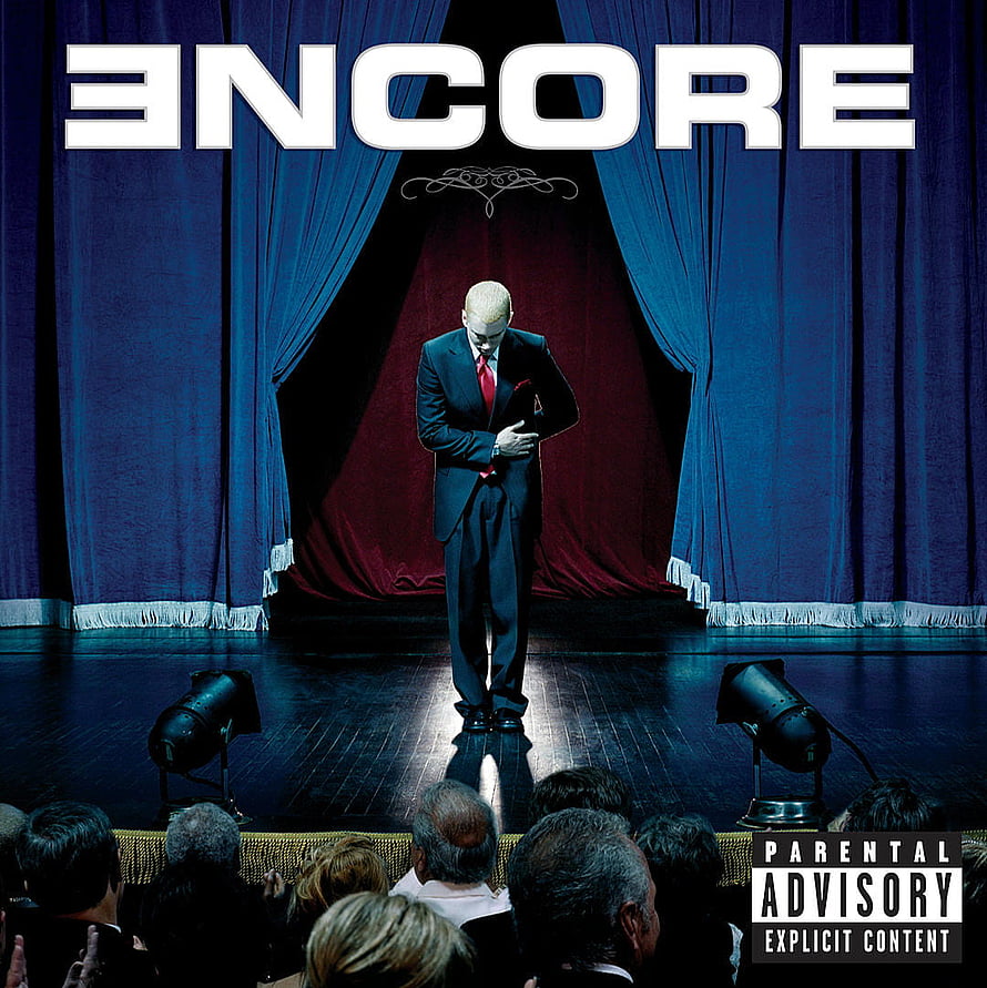 Eminem Encore Album Cover: Stage Performance with Blue Curtains and Audience HD phone wallpaper