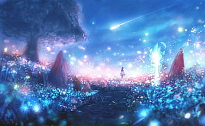 Luminous Fantasy Landscape with Glowing Path and Distant Figure Under Starry Sky HD wallpaper