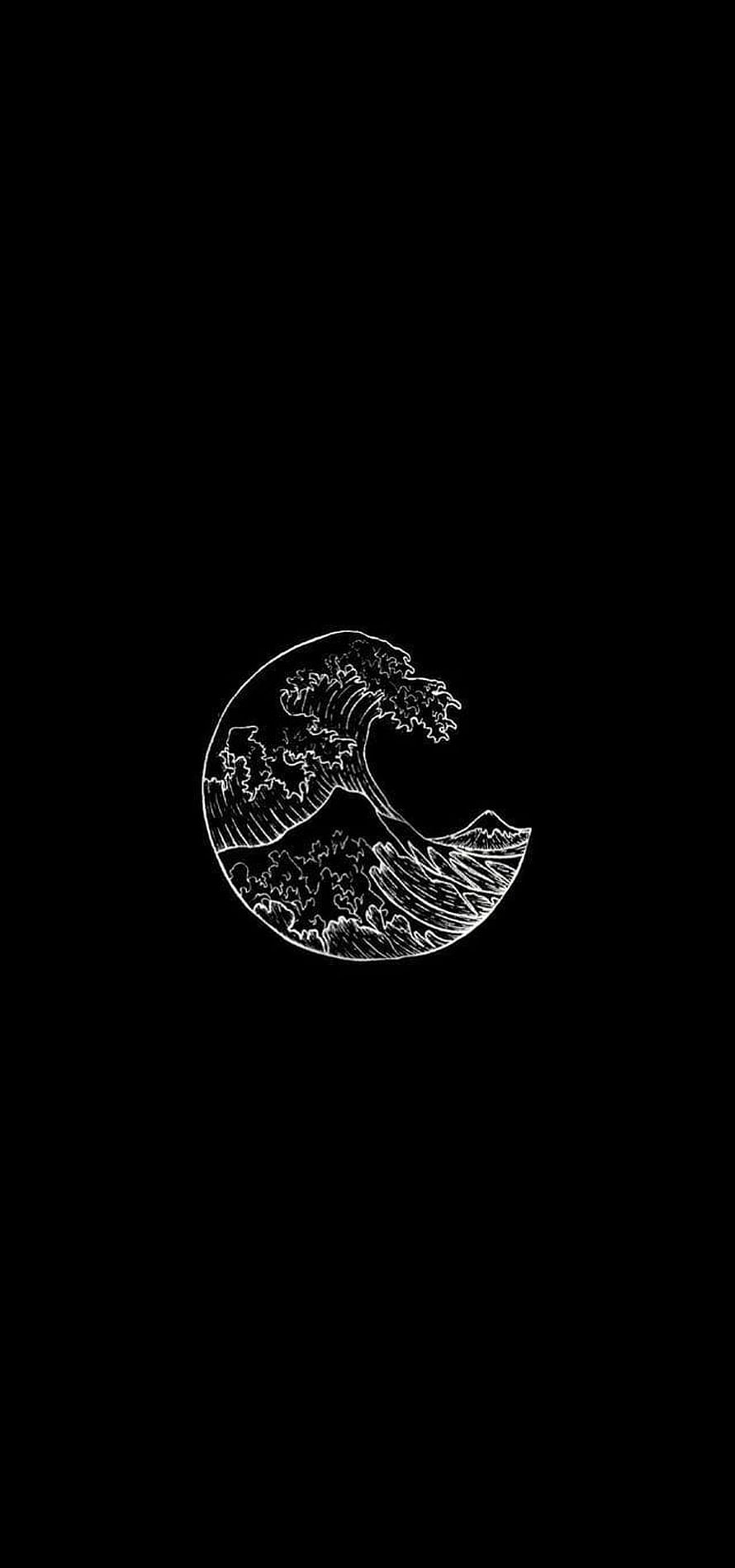 Minimalist White Line Art of a Crashing Ocean Wave on a Black Background HD phone wallpaper