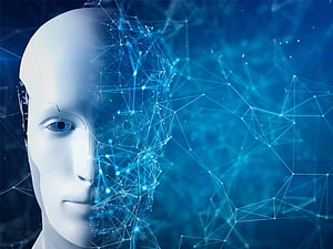 Artificial Intelligence Concept: Humanoid Robot Head with Digital Neural Network Overlay HD wallpaper