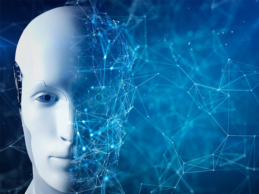 Artificial Intelligence Concept: Humanoid Robot Head with Digital Neural Network Overlay HD wallpaper