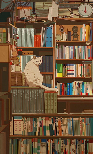 Cozy White Cat Sitting on Bookshelf in Warm Lofi Illustration HD phone wallpaper