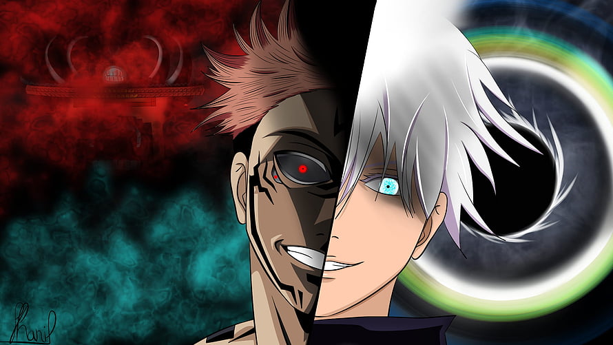 Jujutsu Kaisen Gojo Satoru and Sukuna Split Portrait with Domain Expansion Backdrop HD wallpaper