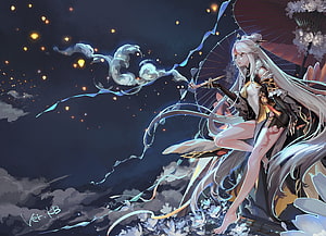 Ningguang from Genshin Impact in an elegant black and gold outfit holding a parasol under a starry night sky HD wallpaper