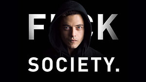 Rami Malek as Elliot Alderson in Mr Robot with bold typography on a dark background HD wallpaper