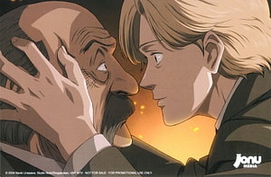 Monster anime still featuring Johan Liebert in an intense close-up confrontation HD wallpaper