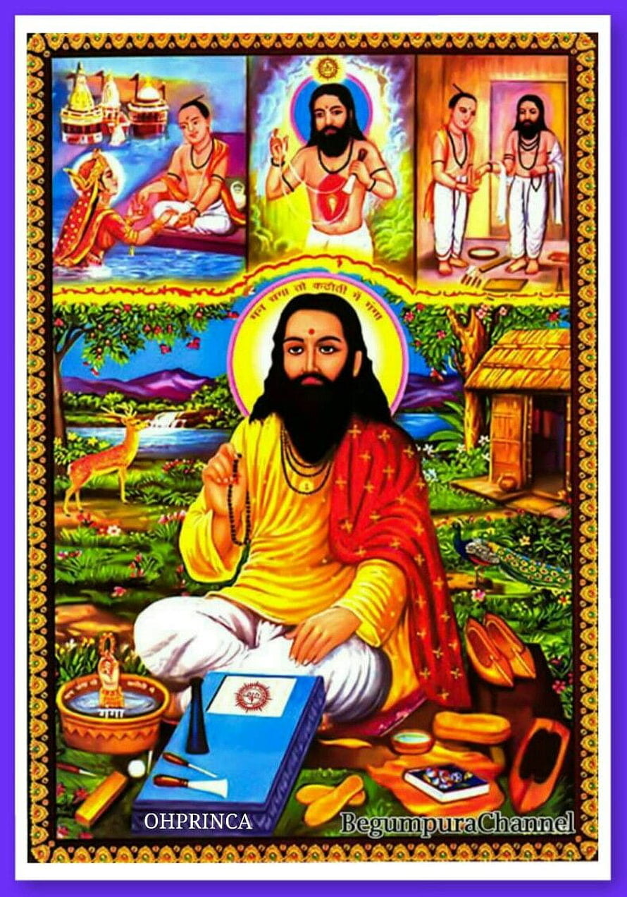 Sant Ravidas Devotional Portrait with Mythological Scenes and Traditional Indian Artwork HD phone wallpaper
