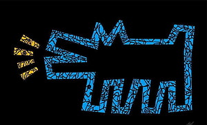 Keith Haring Blue Cat Silhouette with Yellow Sound Waves on Black Background HD wallpaper