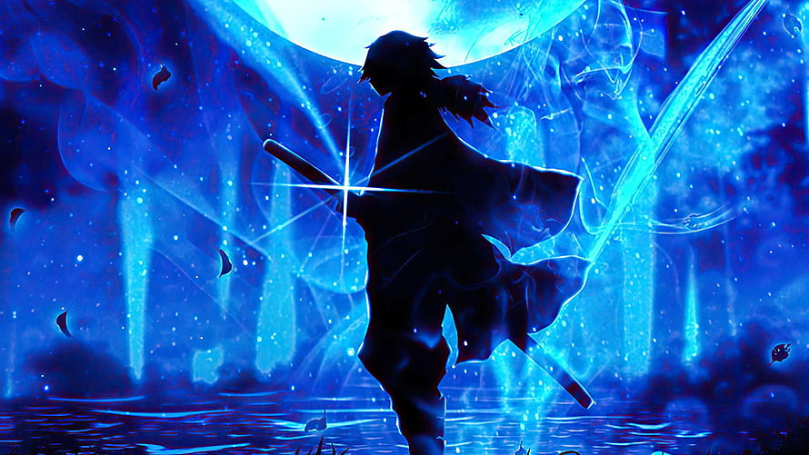 Giyu Tomioka Silhouette with Water Breathing Aura and Glowing Blue Energy HD wallpaper