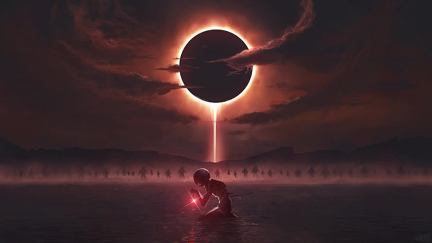 Berserk Eclipse Scene with Kneeling Figure and Dark Sky HD wallpaper