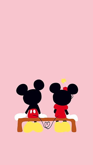 Mickey and Minnie Mouse Sitting on a Bench with a Heart on a Pink Background HD phone wallpaper
