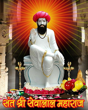 Sant Sevalal Maharaj Devotional Portrait with Radiant Aura and Temple Offerings HD phone wallpaper