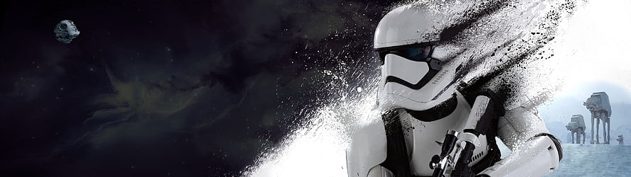 Star Wars Stormtrooper with Blaster Amidst Particle Dissolve and AT-AT Walkers HD wallpaper