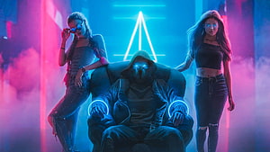Cyberpunk Trio With Glowing Neon Eyes And Futuristic Mask In Digital Art HD wallpaper