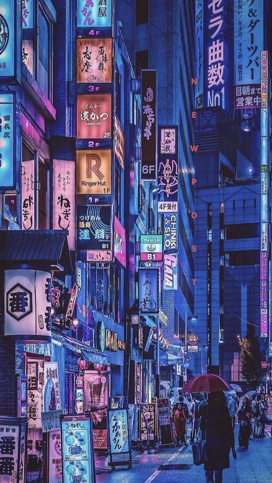 Neon-Lit Japanese City Street at Night with Rain and Umbrellas HD phone wallpaper