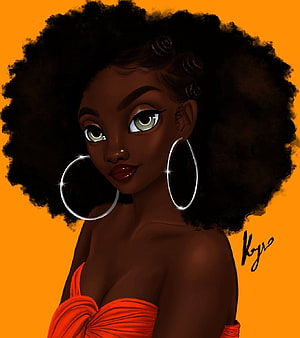 Digital Portrait of a Black Woman with Afro Hair and Large Hoop Earrings on Orange Background HD phone wallpaper
