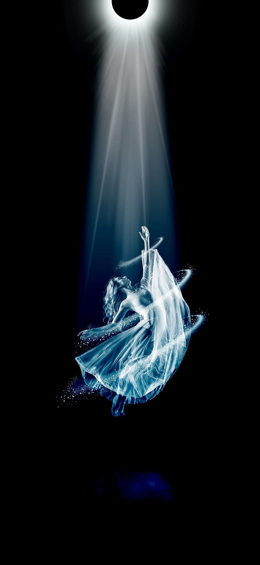 Ethereal dancer in flowing white gown reaching toward celestial light beam in dark void HD phone wallpaper
