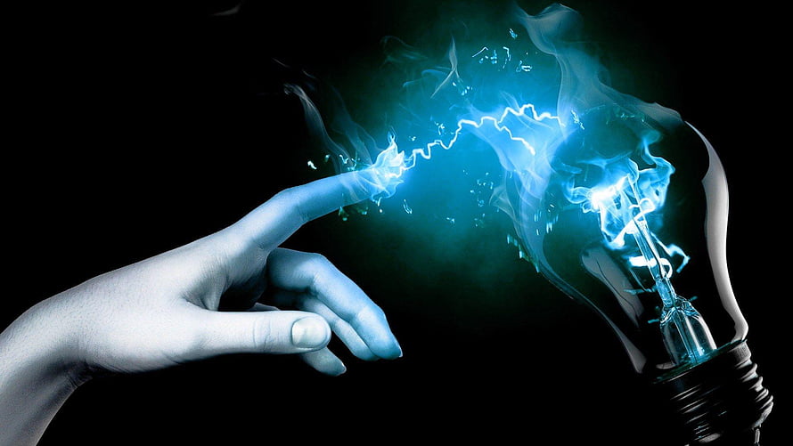 Electric Spark Between Finger and Light Bulb on Black Background HD wallpaper