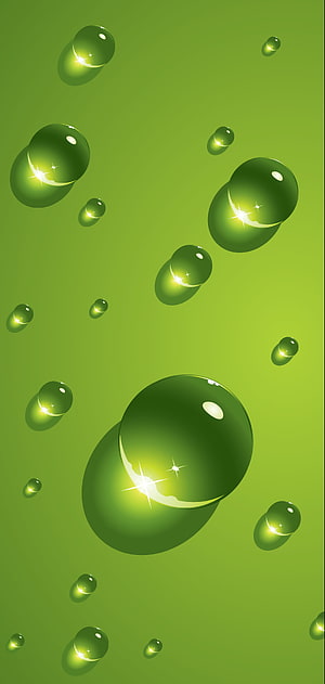 Glossy Green Water Droplets with Sparkling Highlights on a Vibrant Background HD phone wallpaper
