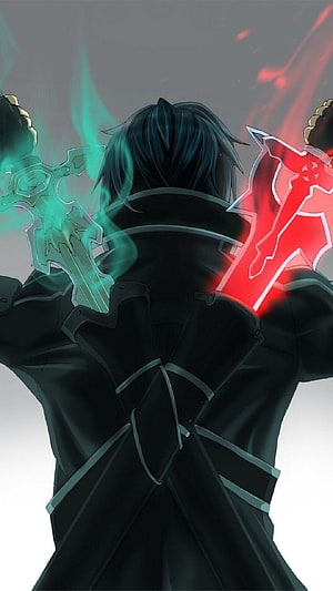 Sword Art Online Character Wielding Dual Glowing Swords in Dark Coat HD phone wallpaper