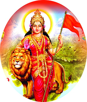 Bharat Mata in Red Saree with Lion and Flag, Indian National Deity Illustration HD phone wallpaper