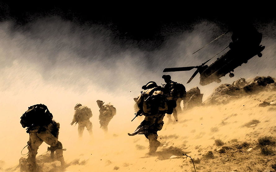 Indian Army soldiers advancing through dusty terrain with military helicopter HD wallpaper
