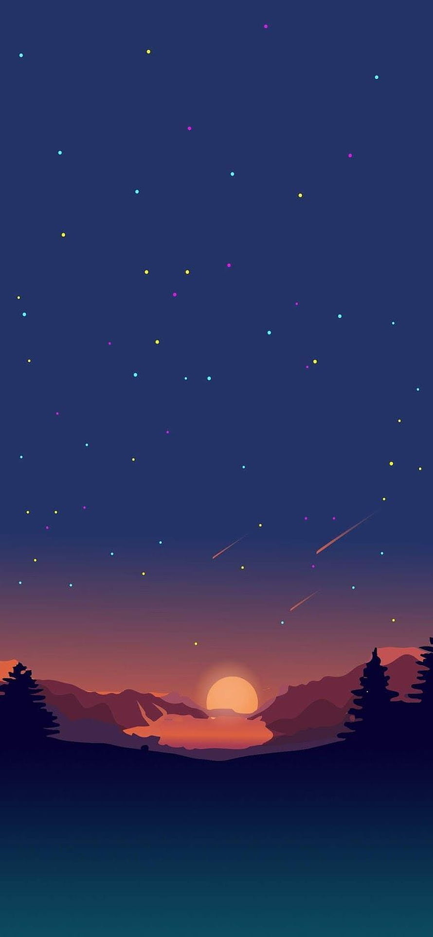 Starry Night Over Mountain Lake with Shooting Stars and Sunset Glow HD phone wallpaper