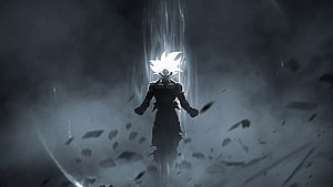 Son Goku in Super Saiyan White Form Amidst Dark Energy and Debris HD wallpaper