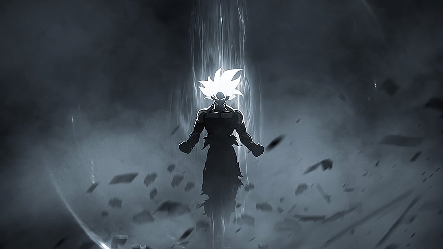 Son Goku in Super Saiyan White Form Amidst Dark Energy and Debris HD wallpaper
