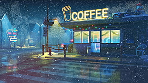 Cozy Lo-Fi Coffee Shop on a Snowy Night with Neon Signs and Falling Snowflakes HD wallpaper