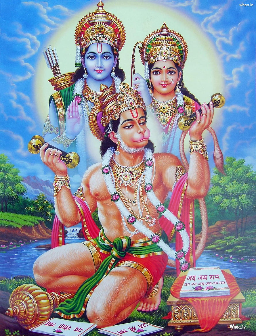 Hanuman Devotion to Lord Rama and Sita in Vibrant Indian Mythological Art HD phone wallpaper