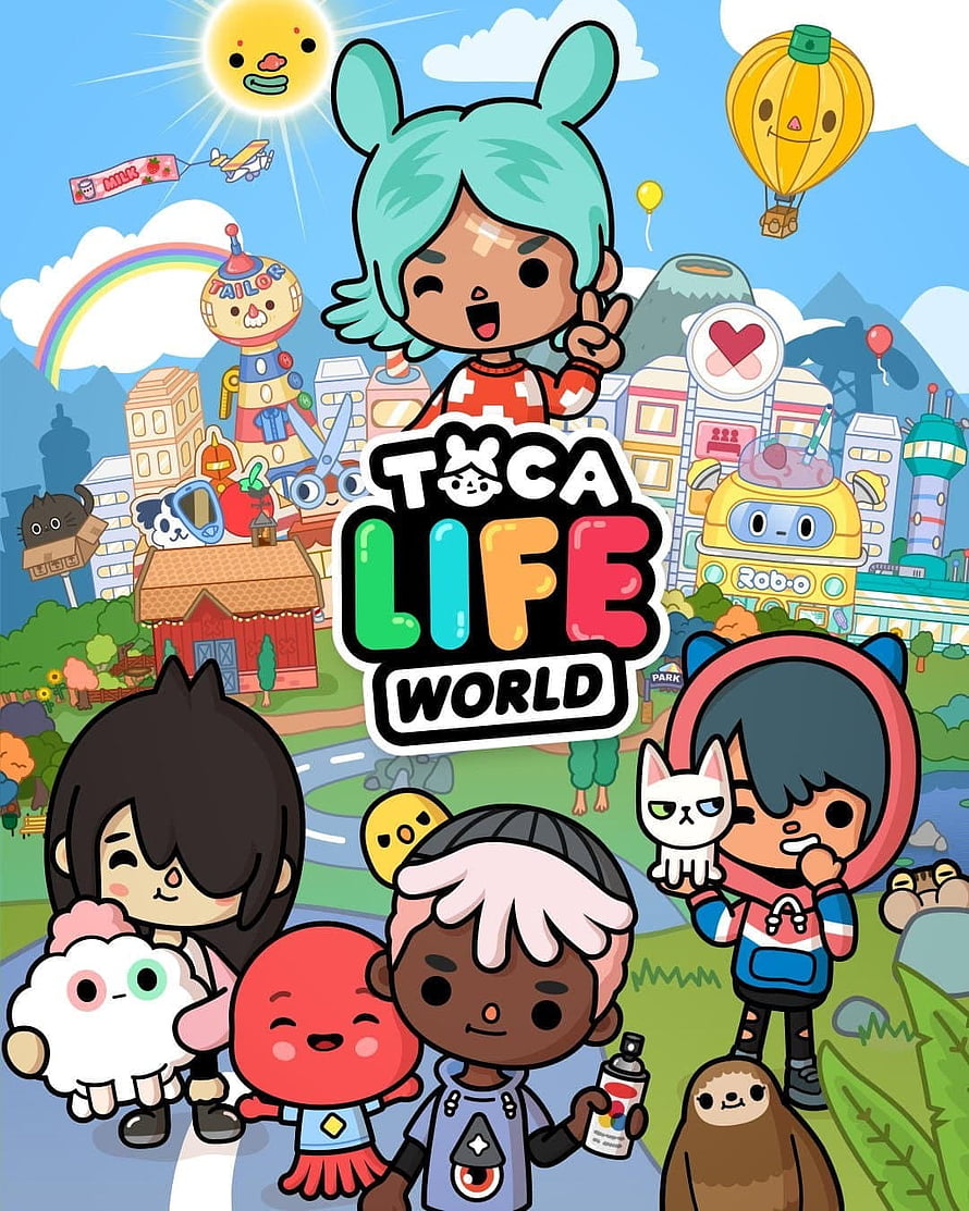 Toca Life World colorful cartoon characters in a vibrant city with pets and whimsical buildings HD phone wallpaper