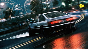 Initial D AE86 Trueno Drifting on a Rainy Night Road with Motion Blur and Neon Lights HD wallpaper