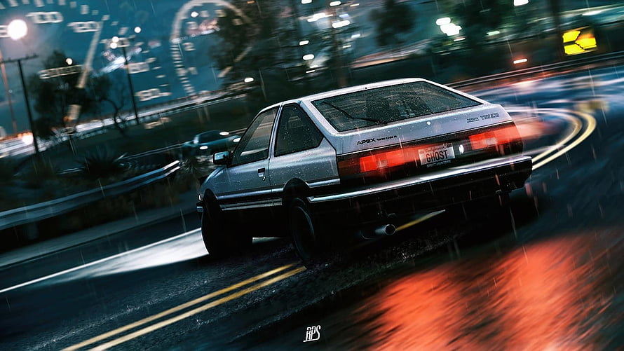 Initial D AE86 Trueno Drifting on a Rainy Night Road with Motion Blur and Neon Lights HD wallpaper