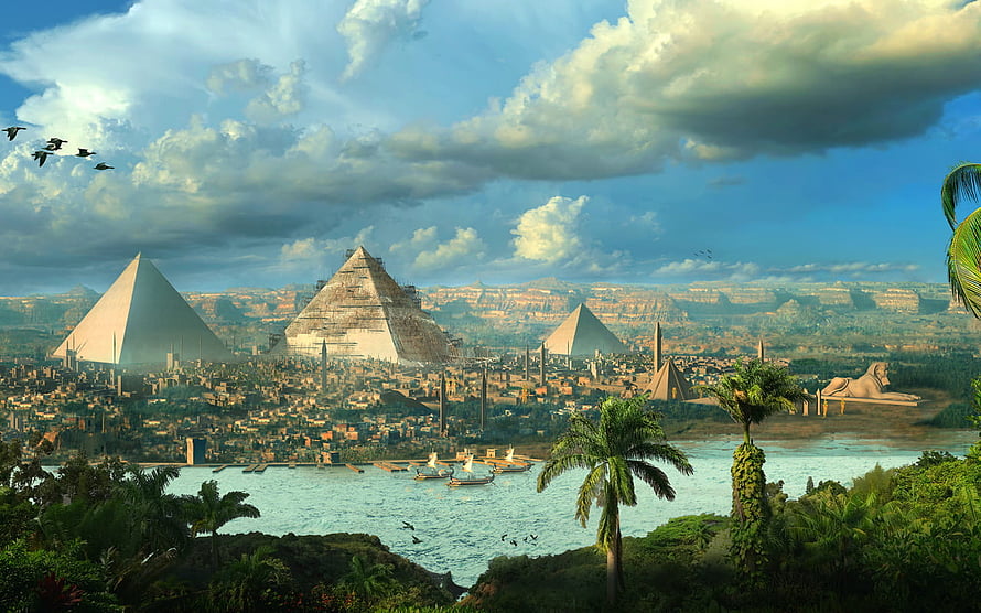 Ancient Egyptian cityscape with pyramids and the Great Sphinx overlooking a river with sailboats HD wallpaper