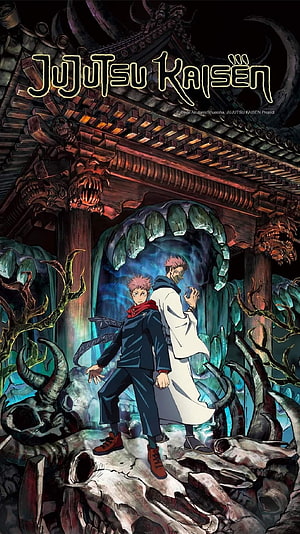 Jujutsu Kaisen Anime Poster Featuring Yuji Itadori and Satoru Gojo in a Dark Shrine Setting HD phone wallpaper