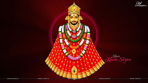 Khatu Shyam Devta in Red Attire with Floral Garlands and Golden Crown HD wallpaper