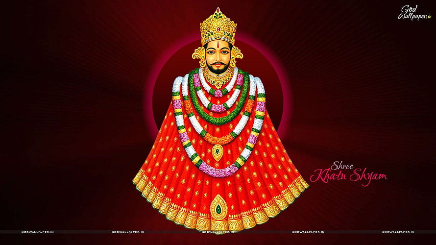 Khatu Shyam Devta in Red Attire with Floral Garlands and Golden Crown HD wallpaper