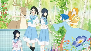Liz and the Blue Bird Anime Scene with Schoolgirls and Deer in a Lush Forest HD wallpaper