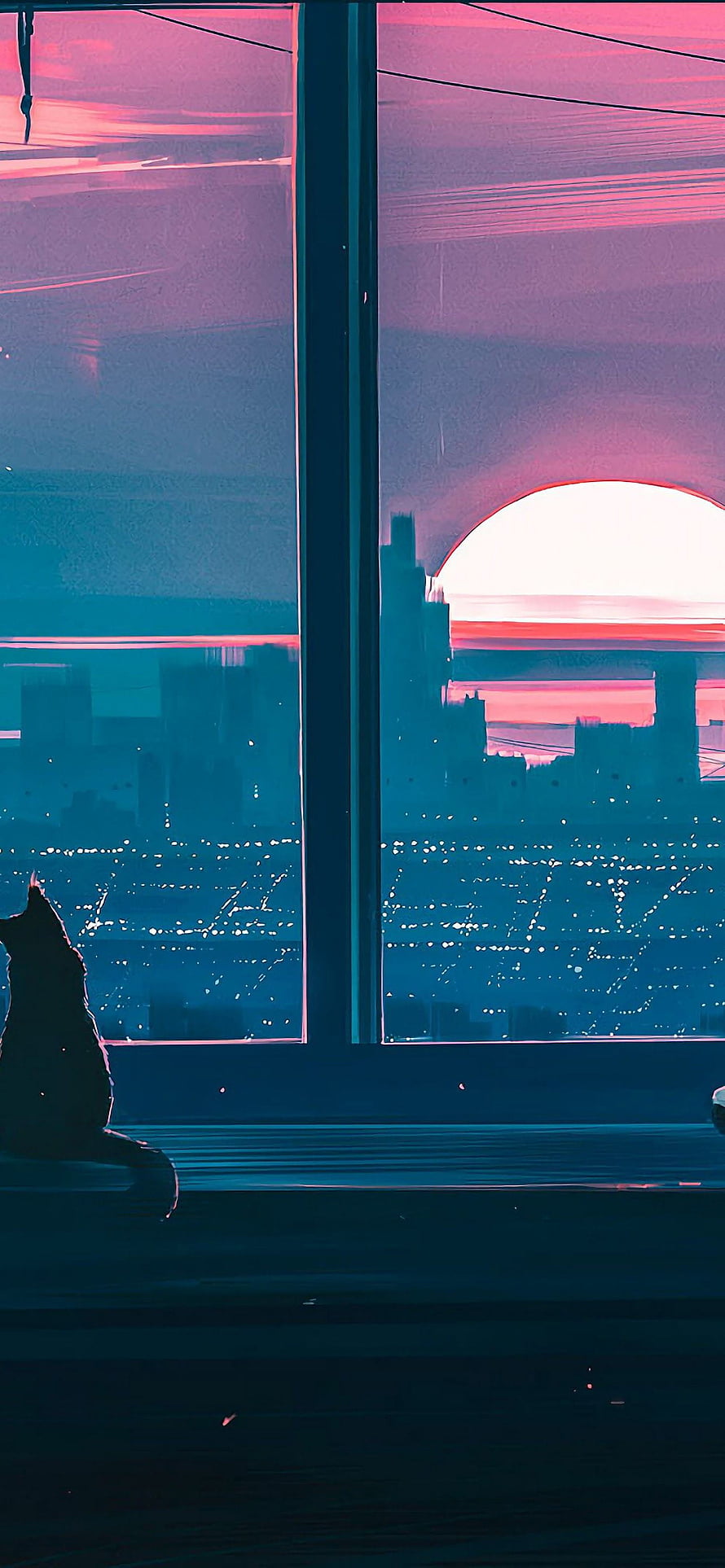 Cat Silhouette Watching a Neon City Sunset Through a Window HD phone wallpaper