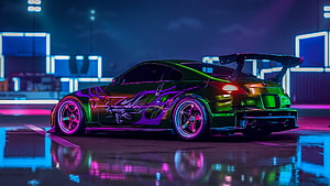 Nissan 350Z Neon Aesthetic with Cyberpunk City Lights and Wet Street Reflections HD wallpaper