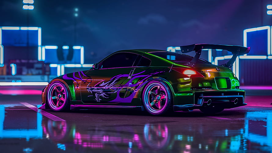 Nissan 350Z Neon Aesthetic with Cyberpunk City Lights and Wet Street Reflections HD wallpaper