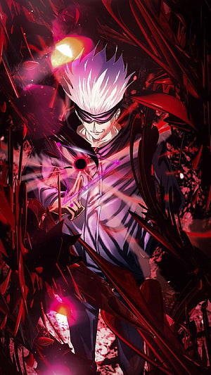 Gojo Satoru Anime Character with White Hair and Purple Energy Aura HD phone wallpaper