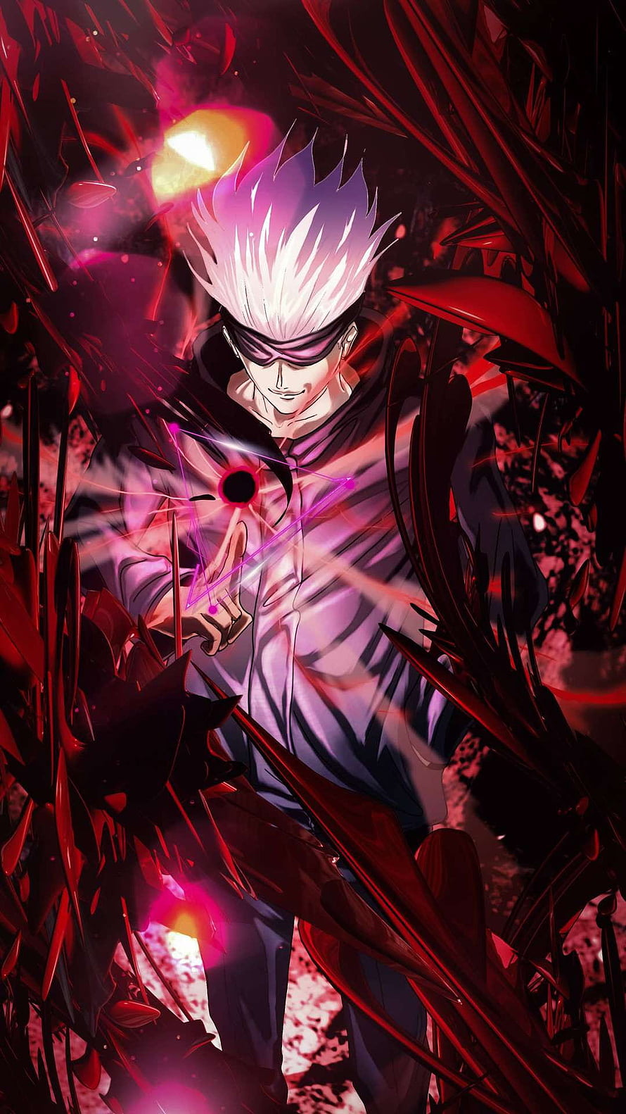 Gojo Satoru Anime Character with White Hair and Purple Energy Aura HD phone wallpaper