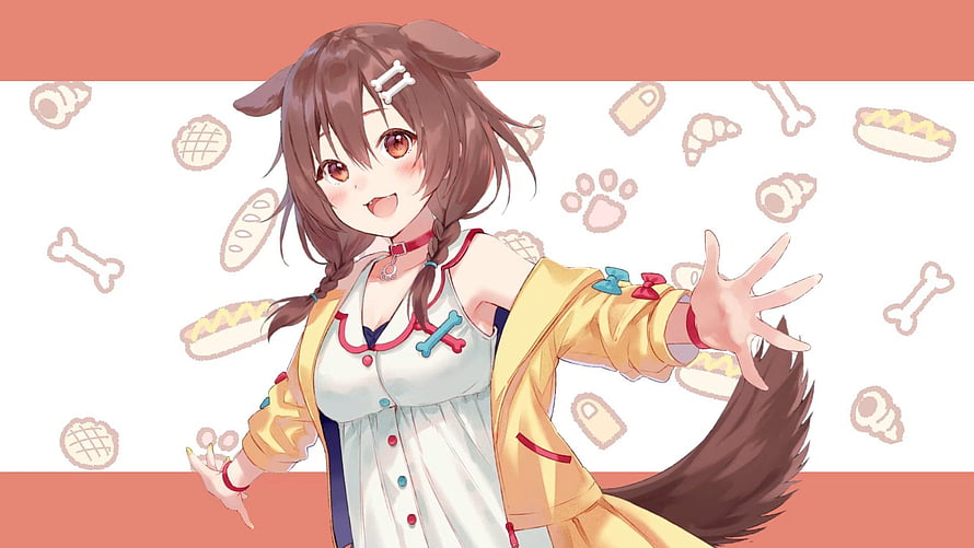 Inugami Korone Anime Character with Dog Ears and Tail in Yellow Jacket HD wallpaper