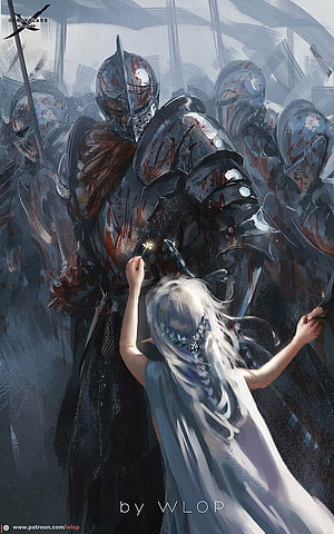 WLOP Fantasy Artwork: White-Haired Girl Offering a Flower to Blood-Stained Knights HD phone wallpaper