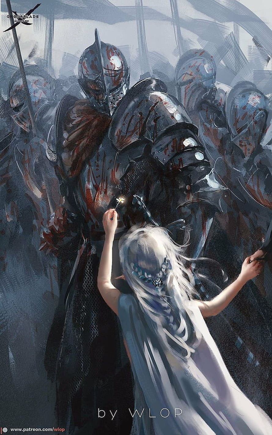 WLOP Fantasy Artwork: White-Haired Girl Offering a Flower to Blood-Stained Knights HD phone wallpaper