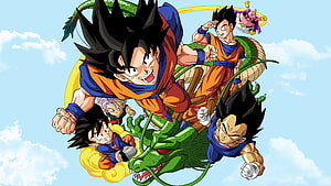 Dragon Ball Z Characters Flying on Shenron Against a Blue Sky HD wallpaper