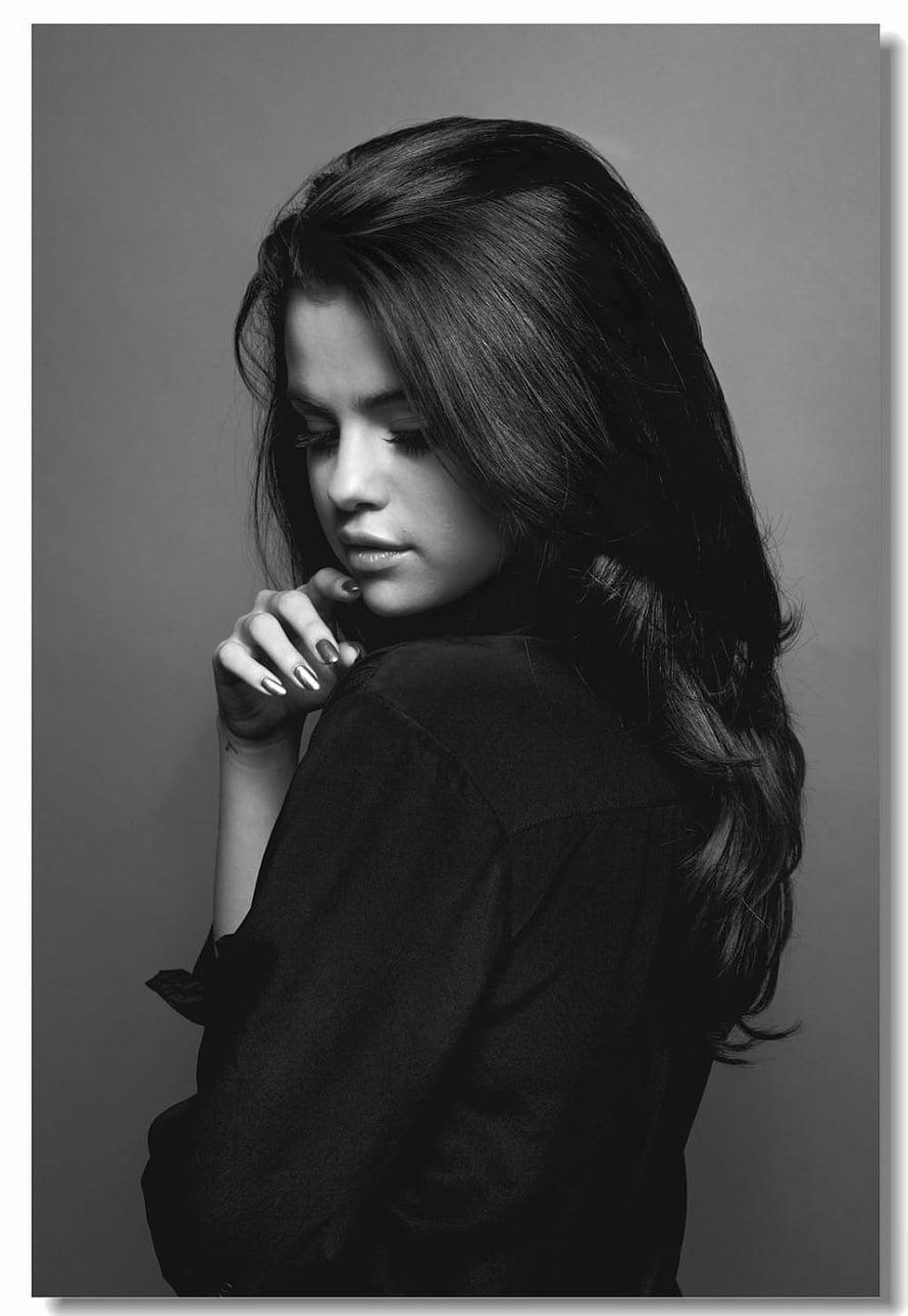 Selena Gomez Black and White Studio Portrait with Long Dark Hair HD phone wallpaper