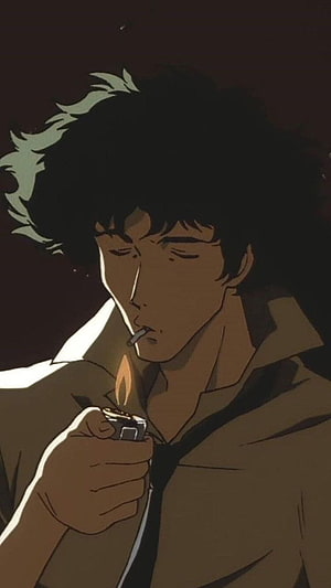 Classic Anime Character Lighting a Cigarette with a Lighter in a Dark Setting HD phone wallpaper